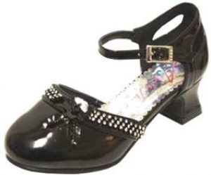 DRESS SHOES W/ TRIPLE LINE RHINESTONE FLOWER ON SIDE & BELT BUCKLE (BLACKPAT)